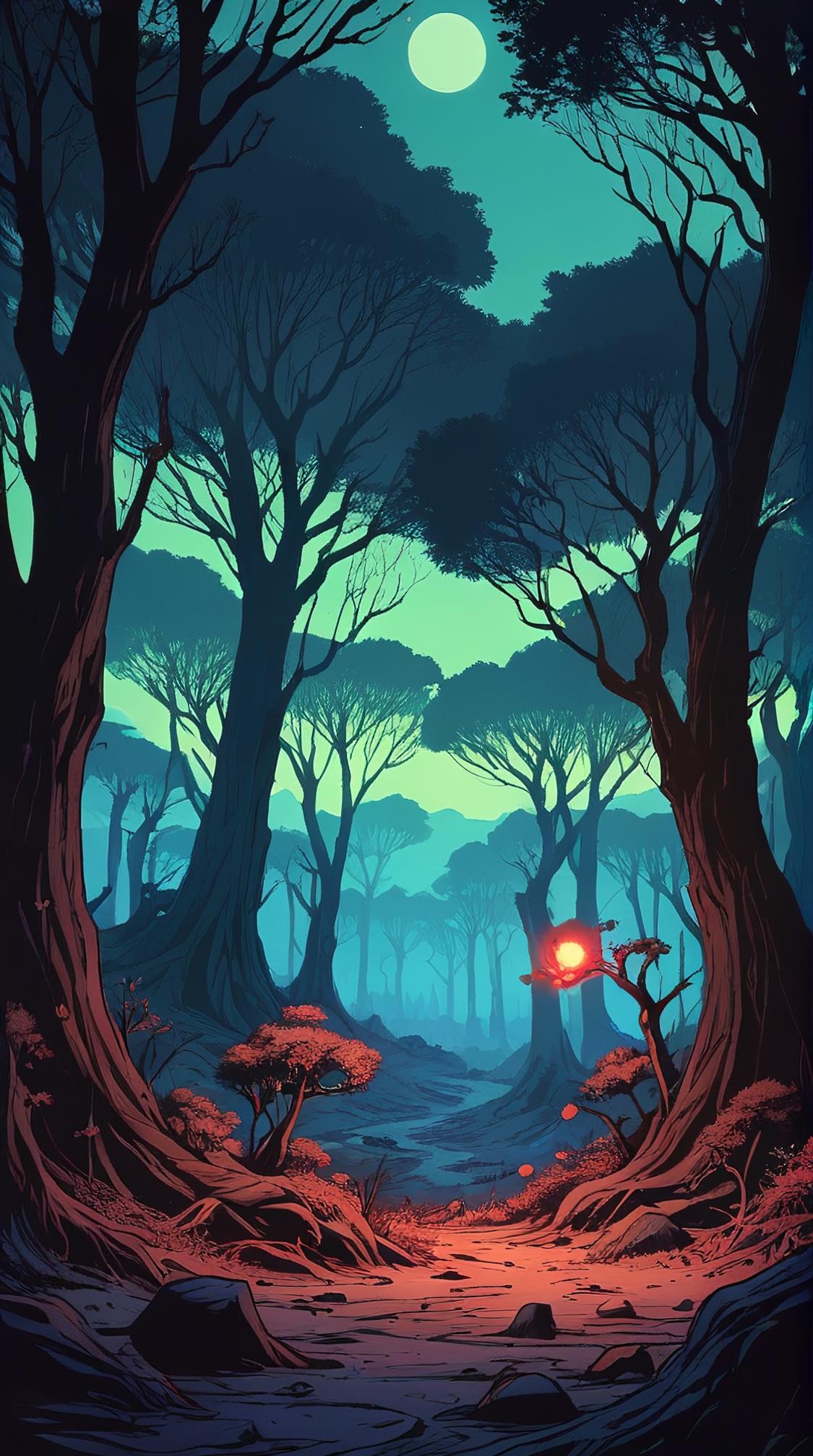 anime art stylized by Ryohei Fuke, Nasty Dwarf Planet Eris , desolate trees, Smoky Conditions
