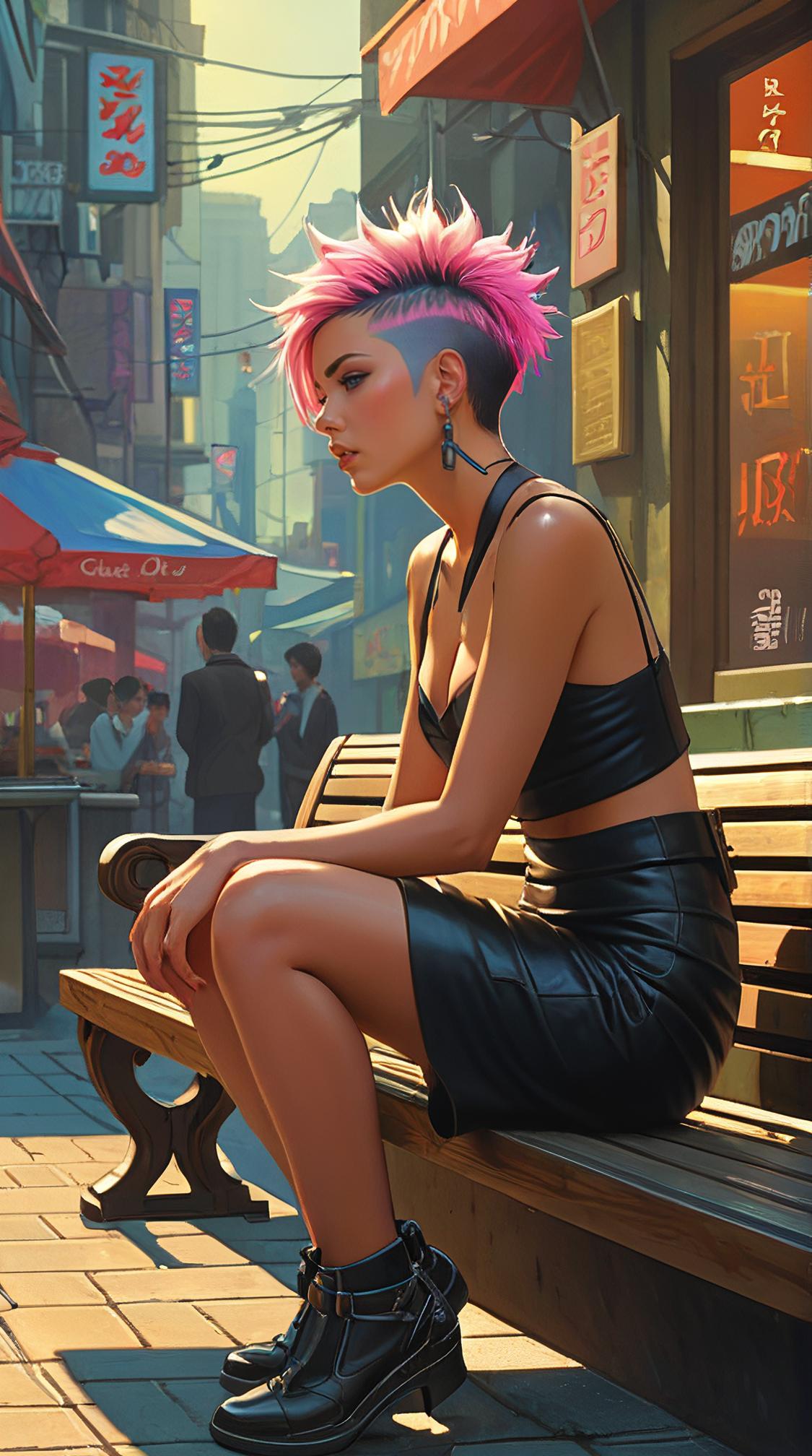 colorful opinion image of, Rule of Thirds, wide angle of a Artisan Grace , the Artisan is Cyberpunk and Greedy