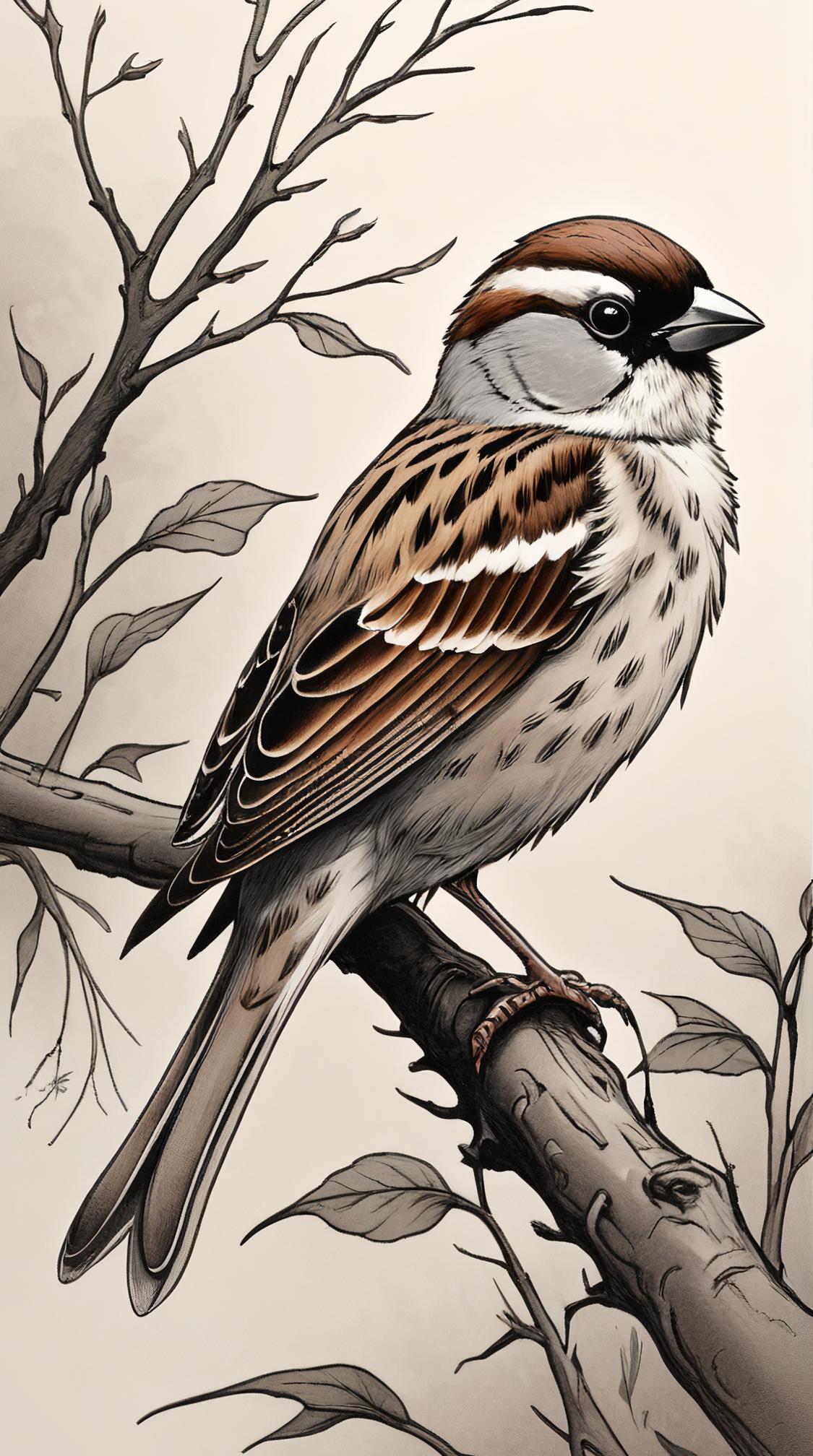 brush pen art of a Sparrow , nature with Wilderness, Hazy conditions, fantasy art designed by Yumihiko Amano