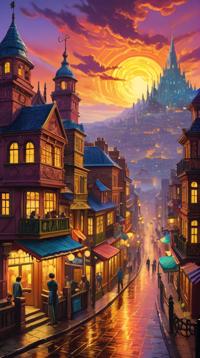 landscape of a Mythical S Saffron City, ultrafine detailed, Post Punk, Light sparkles