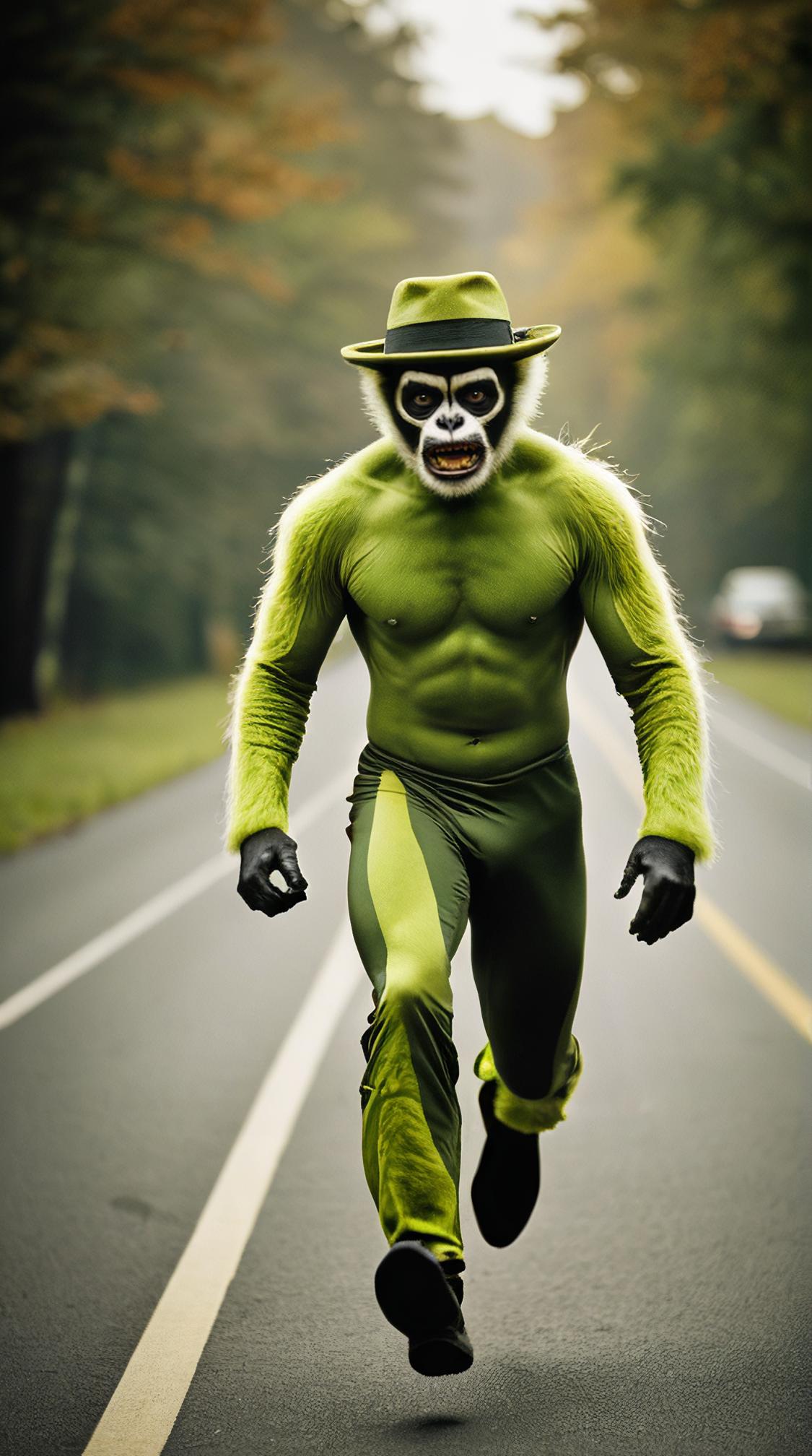 Raw digital photo, Lime green creatureman , Lemurman is Gritty and Masculine, racing stripes