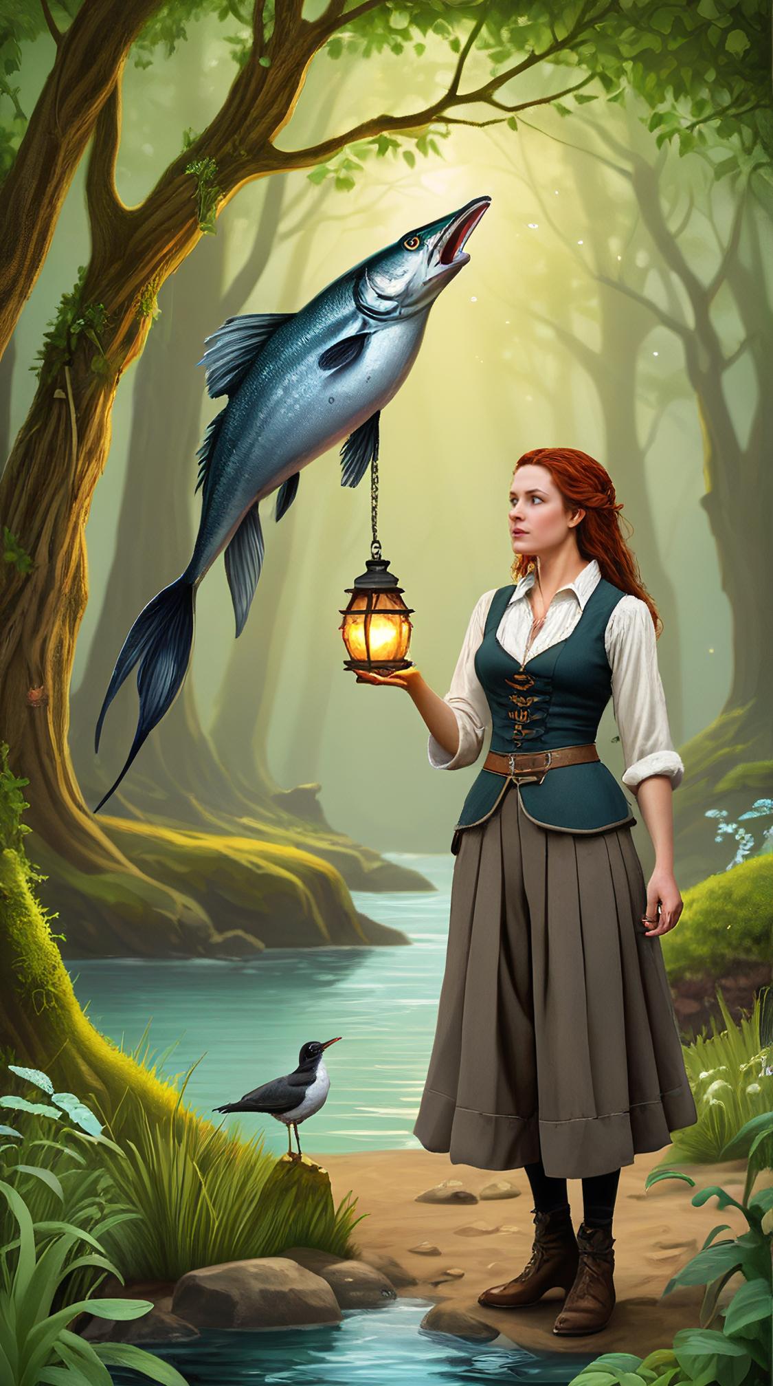nature art designed by Charles Victor Thirion, landscape art, Game art, Tired Horrifying slight Elvish Lanternfish with a Seagull