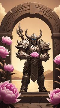 Tribal Metalhead Portal , in a World of Warcraft setting, made from Peony, lake