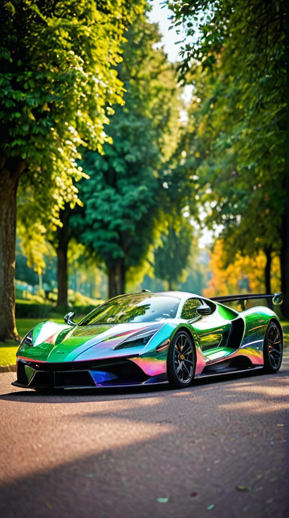 photograph, landscape of a Impressionist Verdant Holographic Park and hypercar, ultrafine detailed, Relaxed