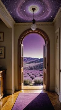 photograph, landscape of a Soothing Cosmic Archive from inside of a House, purple hillside, Sunny