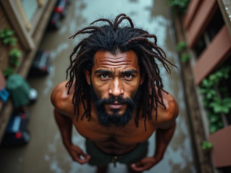by Richard Eurich and Franklin Booth and Tim Okamura , photograph, unique, top down view of a Award Winning Boring beefy Palauan Male Barbarian