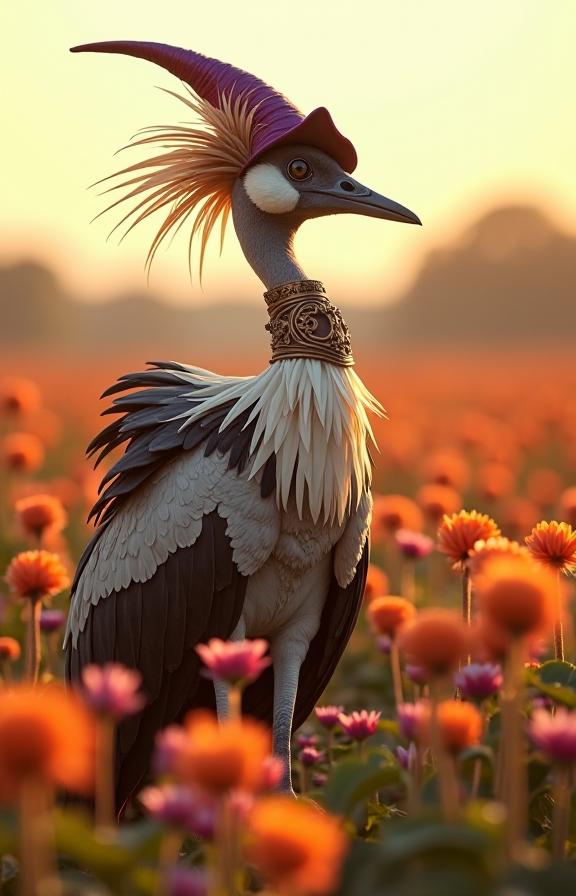 photograph, Surprising, wide shot of a light weight Scottish baby Sarus Crane Loremaster , it is very Kintsugi and Skirted