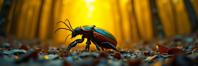 stylized by Patrick Brown and Matt Molloy and Dan Flavin , photograph, intricate background, shot from behind of a Kindhearted Lifeless Jewel Scarab Beetle
