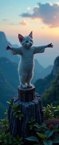 stylized by Patty Maher and Paul Gauguin , photograph, elegant, long shot of a Elevated Hopeless anthropomorphic Persian Kitten with Mewtwo skin