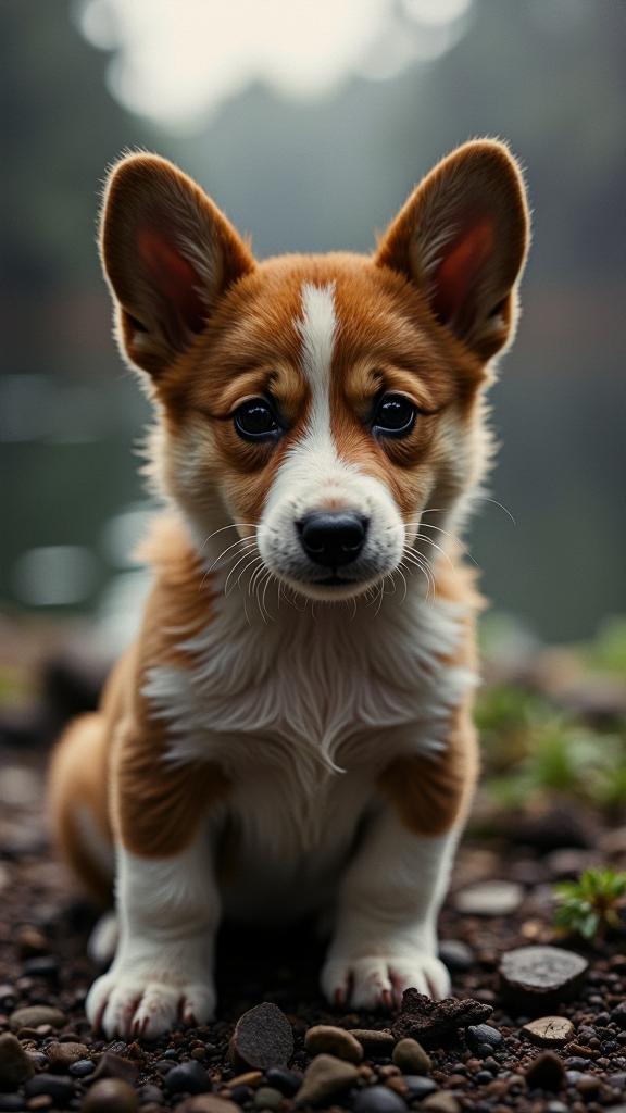 photograph, geometric patterns, view of a Pembroke Welsh Corgi Puppy , it is very Fruit Flavored and Moody