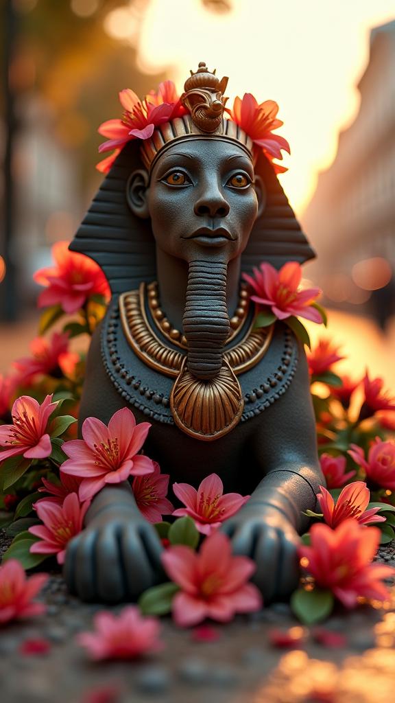 photograph, concept art, POV shot of a Tinycore Soothing French Sphinx , it is covered in Flowers