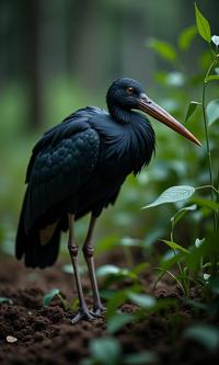 by Robert John Thornton , photograph, intricate background, aerial shot of a Black mouthed Common Black Stork
