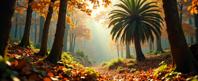 photograph, elegant, landscape of a Decora Pittoresque Resource Operations from inside of a Autumnal woodland, dense vegetation with Palm tree