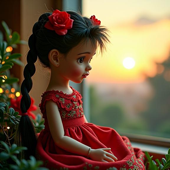 designed by Piero di Cosimo and Bill Carman , photograph, DayGlo green theme , side view shot of a Heartwarming Functional Puerto Rican Doll