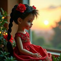 designed by Piero di Cosimo and Bill Carman , photograph, DayGlo green theme , side view shot of a Heartwarming Functional Puerto Rican Doll