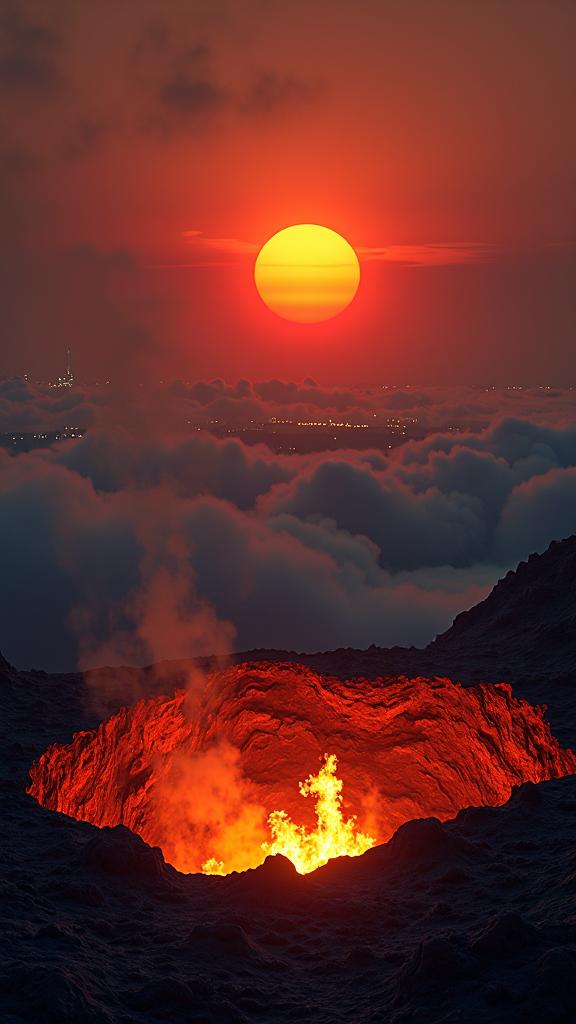 photograph, best quality, landscape of a Well of Flame and Dystopian Burundian City skyline at night, it is very Cloudy and Hyper Creative