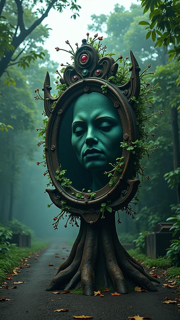 photograph, mundane, over the shoulder shot of a Elevated Mysterious Tibetan Magic mirror , it is made from Wild berry bush
