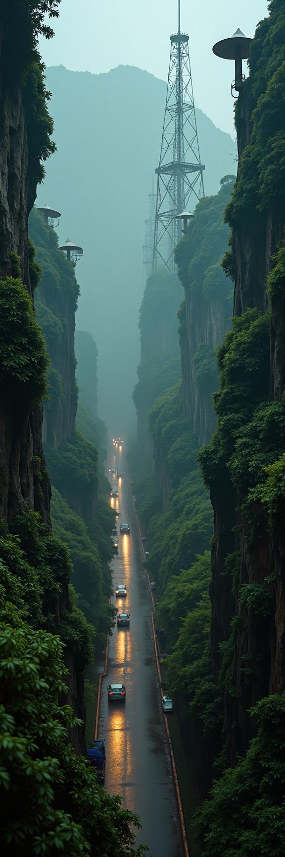 photograph, hyper detailed, landscape of a Rivendell from inside of a Telecommunications tower, it is very Messy and Mushroomy