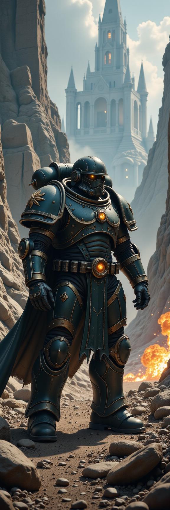 Space Marine armor, gothic architecture, dark fantasy landscapes, ancient ruins