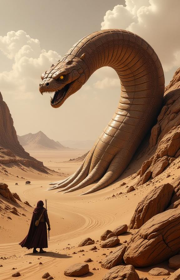 Barren wasteland, majestic sandworm, ancient sietch, mysterious Bene Gesserit