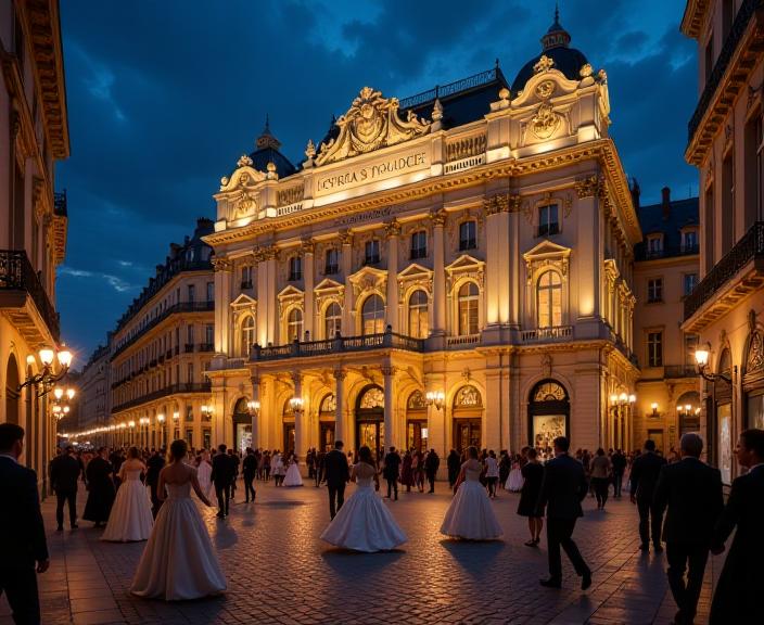 Gilded Opera House, Midnight Skyline, Elegant Ballgowns, Sparkling Chandeliers