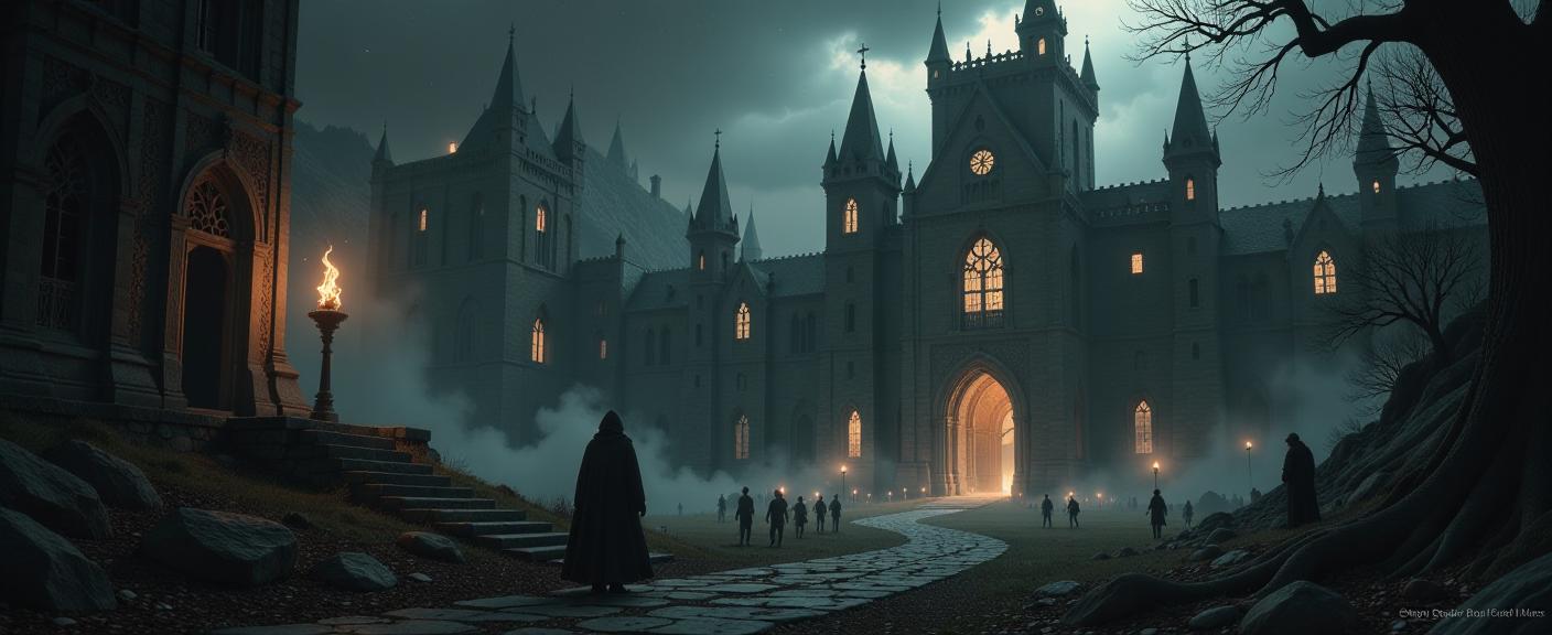 Gothic architecture, Dark fantasy creatures, Ancient ruins, Mysterious artifacts