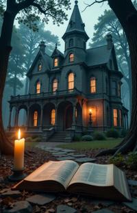 Gothic horror mansion, dark mystical forest, ancient tome pages, eerie candlelight