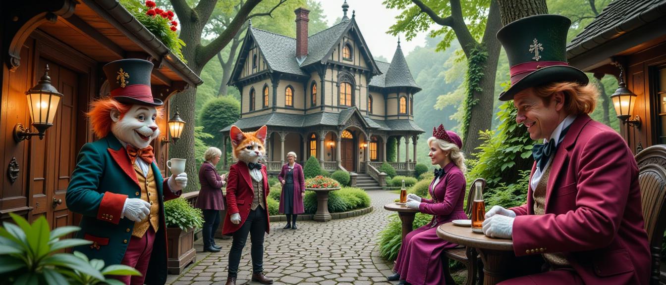 Whimsical Victorian architecture, Steampunk inventions, Curious characters, Cheshire Cat smiles
