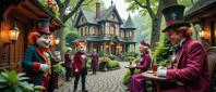 Whimsical Victorian architecture, Steampunk inventions, Curious characters, Cheshire Cat smiles