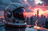 Vintage space helmet, neon cityscape, retro futuristic, cyberpunk metropolis