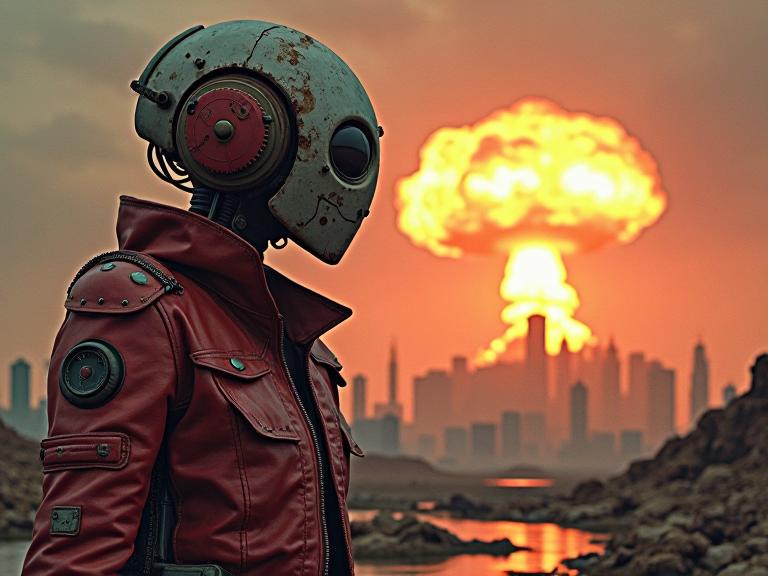 Post apocalyptic wasteland, Rusty robots, Barren landscapes, Nuclear mushroom cloud