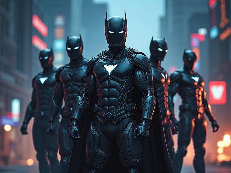 Cyborg superheroes, Dark Justice League, Ancient Magic Wielder, Futuristic cityscape at night