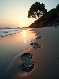 photograph, Golden ratio, angle from below of a Footprints on the beach, imprints of fleeting moments