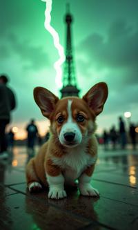 photograph, mysterious figures, Impressionism, full body shot of a Disciplined Fairy Tale Pembroke Welsh Corgi Puppy