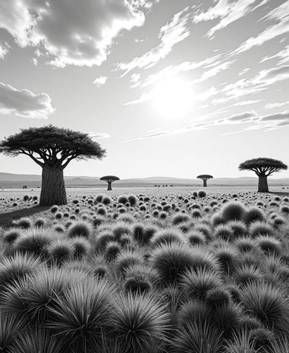 art by Annie Soudain , photograph, intricate details, landscape of a Happy Dark Steppe Tundra and Foul Tanzanian cafeteria