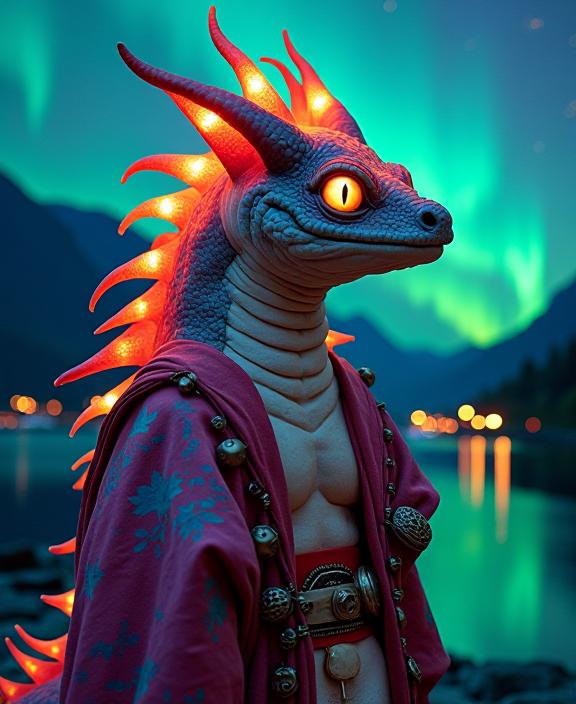 photograph, Rave Fashion, surreal, shot from side of a Wonderous Luminous fat Tribal Dragonfish Paladin
