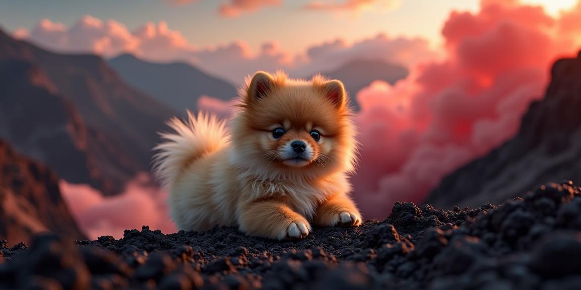 photograph, stylized, Dutch angle shot of a Pomeranian Puppy of Clouds with dark red details, it is very Festive and Miserable