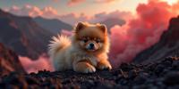 photograph, stylized, Dutch angle shot of a Pomeranian Puppy of Clouds with dark red details, it is very Festive and Miserable