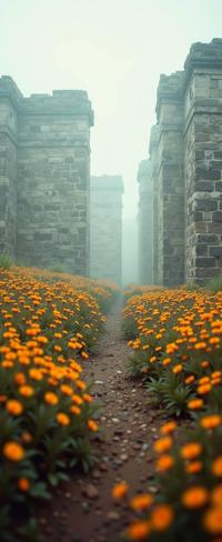 photograph, intricate details, landscape of a Shorty Dumb Heathland from inside of a Ancient Mayan ruins, Cream flower field and blossoms