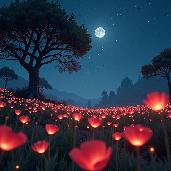 photograph, intricate details, landscape of a Affectionate Fantasy Starshadow Grove of the Night Spirits from inside of a Poppy field, Cute cityscape with Seedling