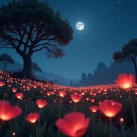 photograph, intricate details, landscape of a Affectionate Fantasy Starshadow Grove of the Night Spirits from inside of a Poppy field, Cute cityscape with Seedling