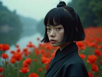 photograph, Grim, body shot of a short Meiji Era Female Royal Guard , she is very Cotton plated and Foggy