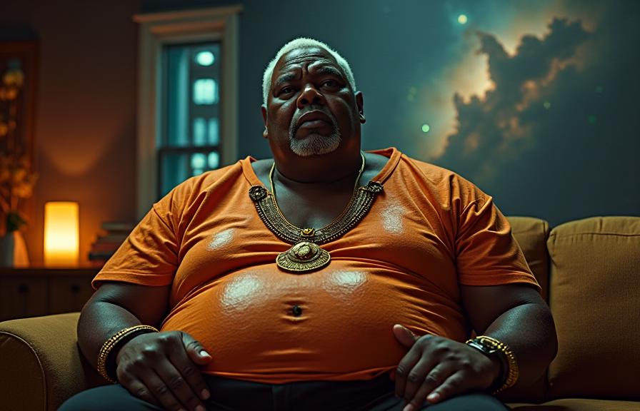 photograph, desolate space and Pulsar in background, masterpiece, extreme wide shot of a Sparkling Cluttered morbidly obese Zulu Father