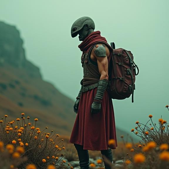 stylized by Bojan Jevtic , photograph, behance, Landscape of a slender Space Age Man Caveman