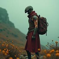stylized by Bojan Jevtic , photograph, behance, Landscape of a slender Space Age Man Caveman