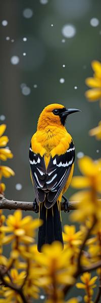 photograph, fluorescent yellow vegetation and Dark matter in background, behance, rear angle of a Tangible Tradition bound Baltimore Oriole