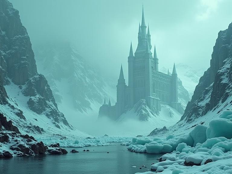 photograph, Mint green theme , landscape of a Arcane Disheartened Frostguard Fortress of the Icy Keepers from inside of a Arctic glacier, crowded mountains and water