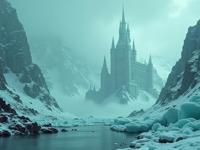 photograph, Mint green theme , landscape of a Arcane Disheartened Frostguard Fortress of the Icy Keepers from inside of a Arctic glacier, crowded mountains and water