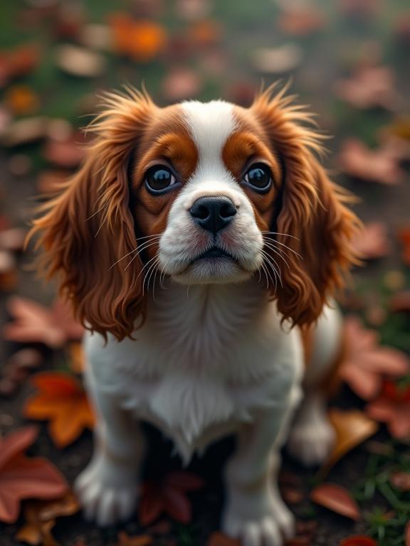 photograph, intricate details, overhead angle of a Tangible Ruined Cavalier King Charles Spaniel Puppy , concept art
