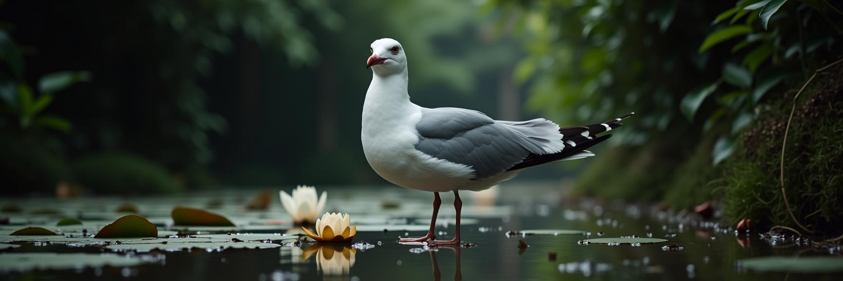photograph, hyper detailed, medium shot of a Fitted Frustrated Audouin s Gull , Foliage background